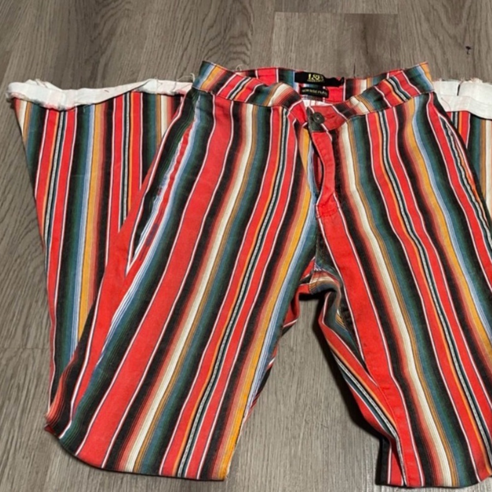 Retro Jeans LUCKY BLESSED HIGH RISE FLARE Serape Stripe Red Black Blue Size 10 - Picture 2 of 10